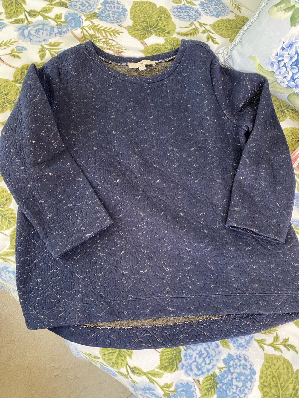 LOFT Navy Quilted Crewneck Pullover Top for Women